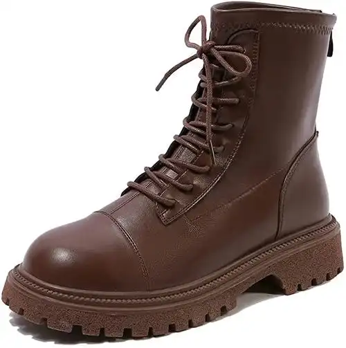 女式战斗靴凸耳鞋底系带女式军靴皮革粗跟防水台及踝靴带背部拉链尺寸