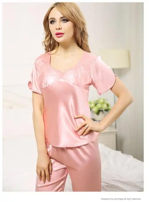 新款丝绸女式睡衣韩式两件套仿真丝睡衣短袖短裤套装