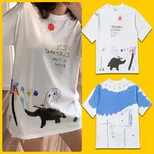 vtm明星黄宗泽同款白色t恤时尚潮牌个性涂鸦太阳大象男女情侣上衣