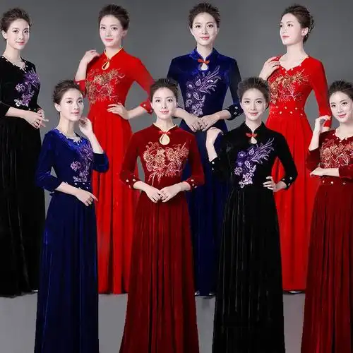 新款金丝绒合唱服长裙成人女秋冬修身显瘦中老年团体大合唱演出服