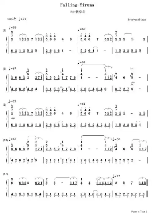 求下坠falling的钢琴简谱(左右手一起,完整版)谢谢