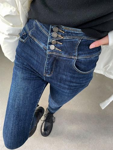 高腰加绒蓝色牛仔裤女2021年新款加厚紧身显瘦铅笔小脚裤冬季长裤