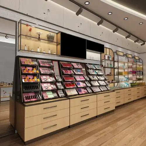 丽江化妆品展示柜护肤产品货架铁木展示柜台定制