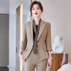 七分袖小西装女士春装新款韩版时尚气质职业装套装卡其色西服正装