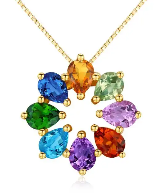 彩虹彩色宝石吊坠 女 18k黄金托帕石紫晶黄晶绿水晶透辉石坠