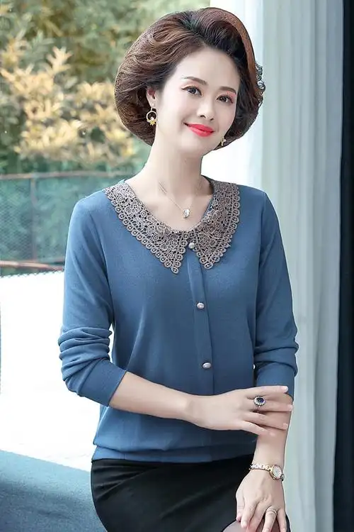 中年 妈妈装大码t恤秋装新款中老年女装上衣时尚花边领长袖小衫潮