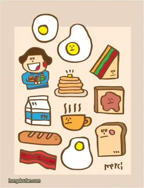 煎鸡蛋三明治面包片咖啡早餐牛奶我爱早餐简笔画大全