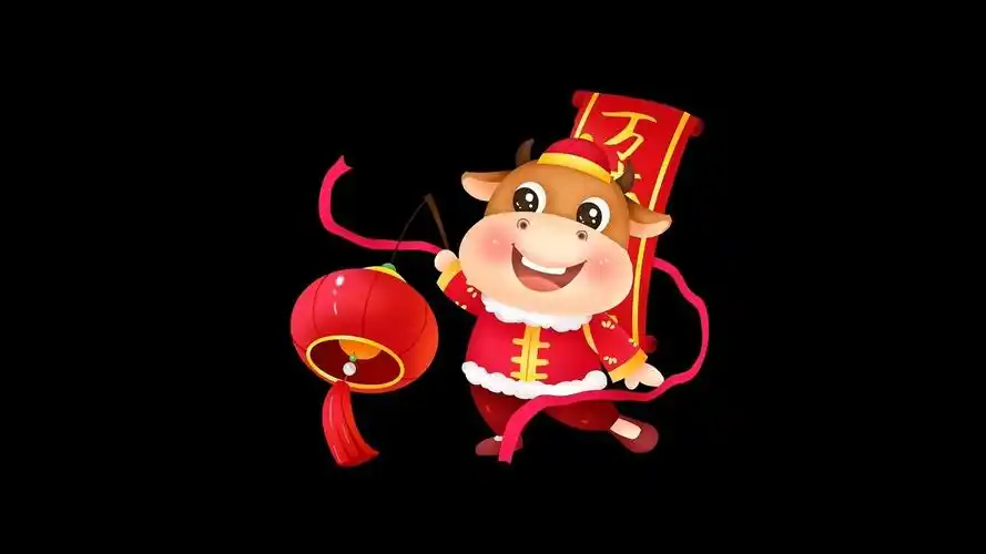 带通道mov元旦新年卡通可爱风格提灯笼的小牛动态元素