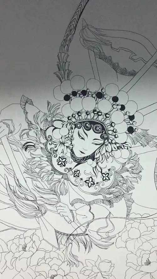 黑白线稿 黑白 线描插画 戏剧 花旦