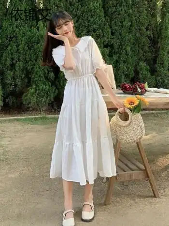 2021夏季新款宽松女学生娃娃领小清新裙子连衣裙长款女装收腰显瘦白色