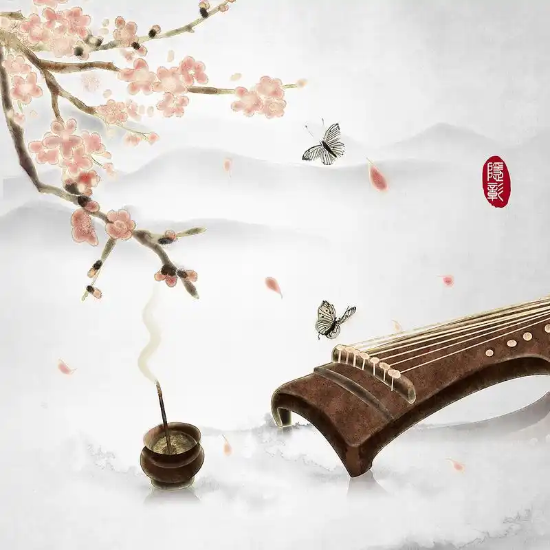 古琴香炉古风唯美静物24节气春分春天四季蝴蝶桃枝桃花