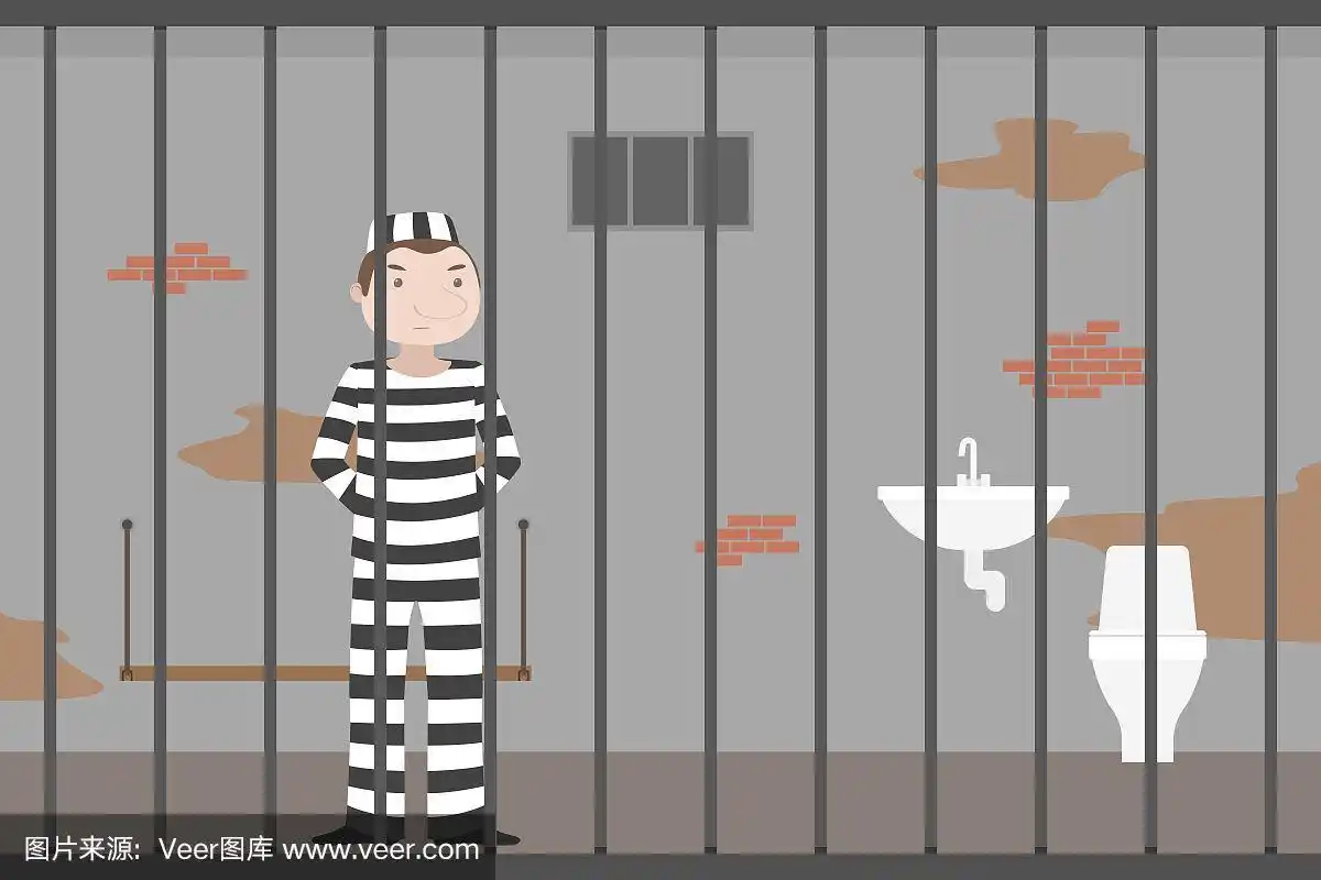 囚犯在破旧的牢房里.卡通.矢量图