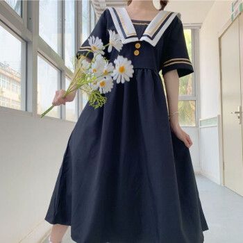 初中生长裙及脚踝高中青少女生连衣裙学院风夏季可爱到脚踝学生黑色s