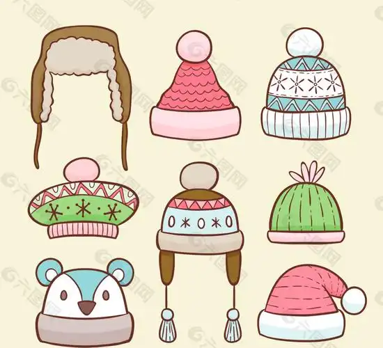 卡通冬季矢量手绘帽子