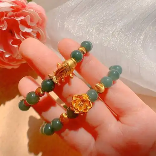 999足金莲花富贵鱼纯金锦鲤黄金手链翡翠玉珠手串24k猫眼金珠首饰
