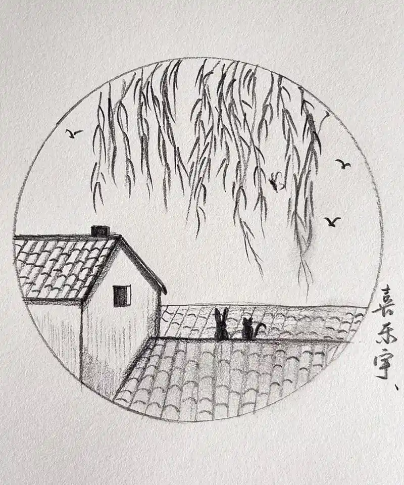 炭笔速写风景画73|是飘摇的柳条儿 大家最近画画了不