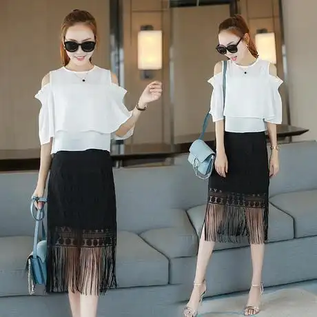 时尚流苏蕾丝半身裙套装女韩版修身露肩雪纺衫包裙两件套新2016夏