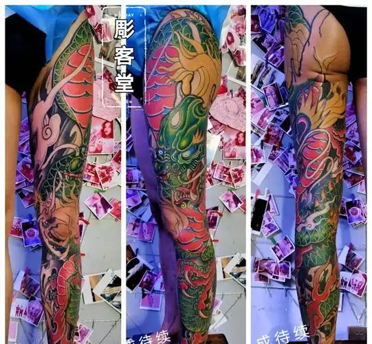 网红姜宽花腿龙未完成待续纹身图片腿部新传统龙纹身图案