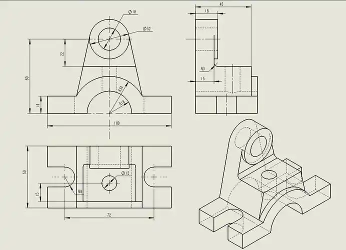 谁帮我画一下这个模型的三视图,尽量详细点,虚实线分明一点儿