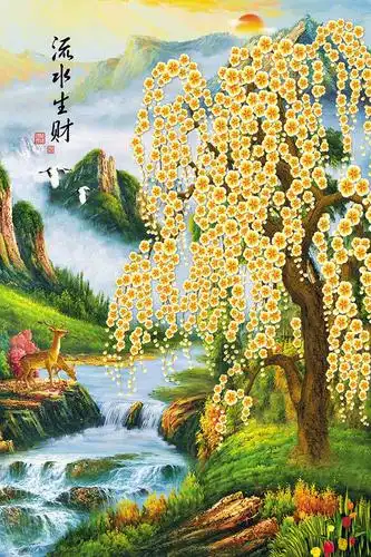 a04682(t39)玄关3中式发财树山水瀑布仙鹤太阳梅花鹿流水生财寓意