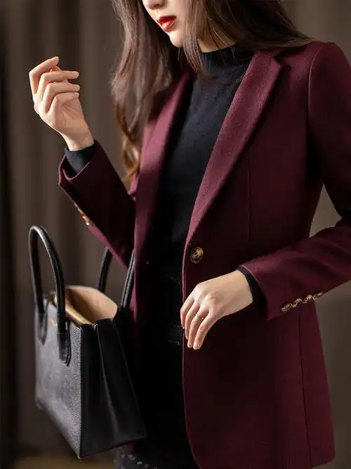 酒红色设计感毛呢西装外套女2021秋冬新款修身中长款羊毛西服上衣