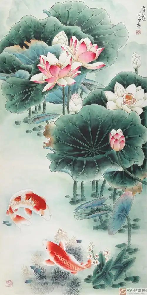 sk河南美协董书林四尺荷花双鱼有余