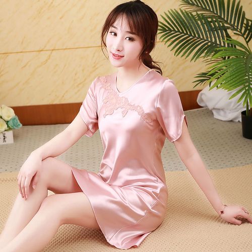 睡衣女真丝手感夏季杭州丝绸短袖纯色花边冰丝高档睡裙圆领家居服