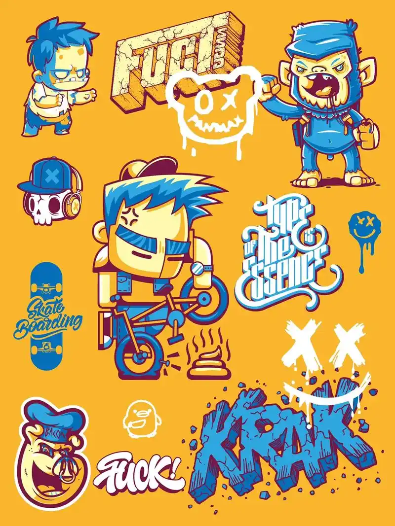 美式复古系列街头涂鸦风潮流插画扎钉爆胎啦