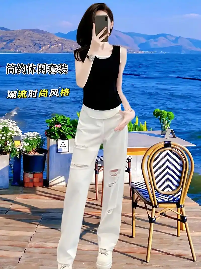 夏季新款黑色时尚洋气撞色吊带背心 高腰破洞牛仔裤两