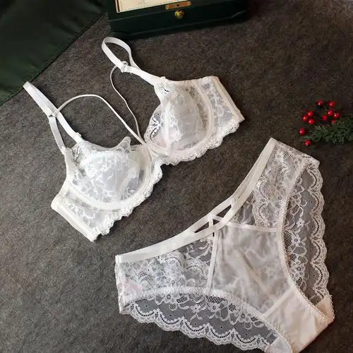 清爽夏日白色内衣甜美美少女蕾丝性感超薄聚拢文胸套装