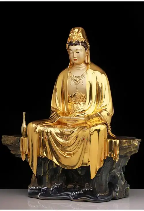 贴金箔自在南海观音佛像铜像金身家供禅定彩绘观世音菩萨摆件30厘米