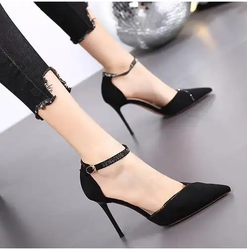 【高档精品】尖头高跟鞋细跟网红少女2020夏季新款性感水钻一字扣百搭