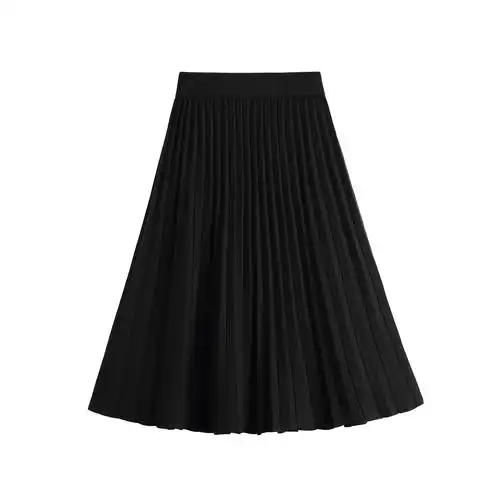 大瓶定制百褶裙秋冬女高腰新款时尚毛线裙子中长款黑色针织半身裙