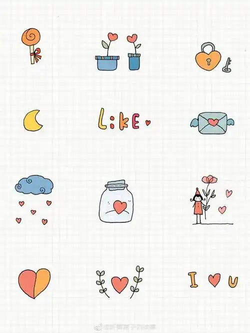 超多的爱情元素简笔画图标