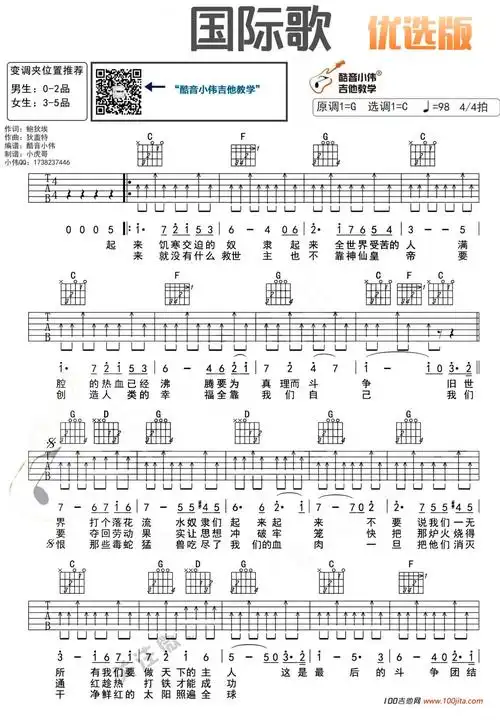 《国际歌》吉他谱_c调_吉他原版六线谱(唐朝乐队摇滚)曲谱图片第1张