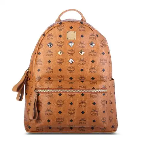 mcm(mcm) 棕色皮质铆钉中号双肩包