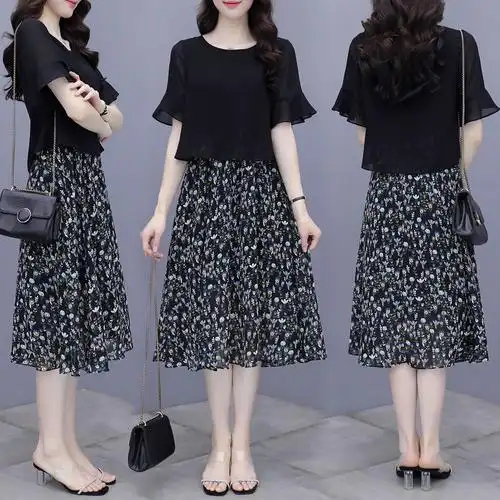 大码女装2021新款夏装连衣裙显瘦胖妹妹中长款200斤雪纺碎花裙子 浅