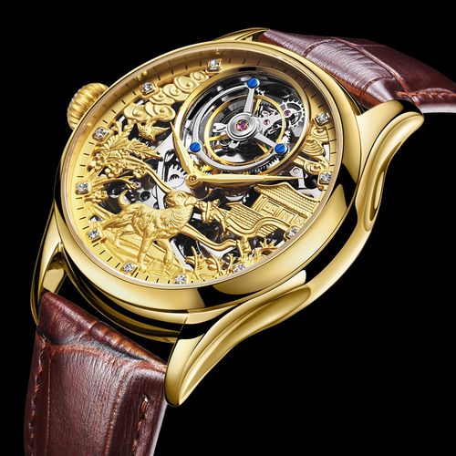 真陀飞轮机械表 瑞士18k金时尚全自动皮带镂空机械表 男士手表潮