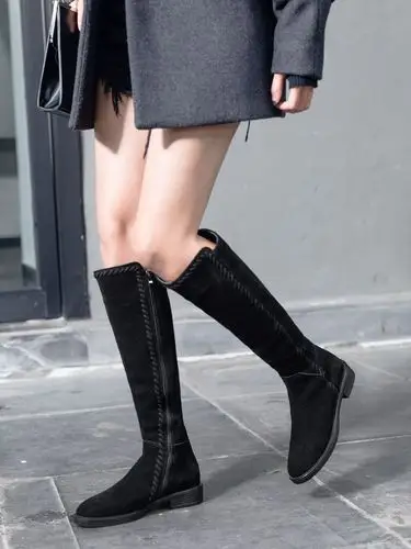 秋冬季2019新款马靴女英伦风不过膝长靴黑色平底及膝高筒骑士靴