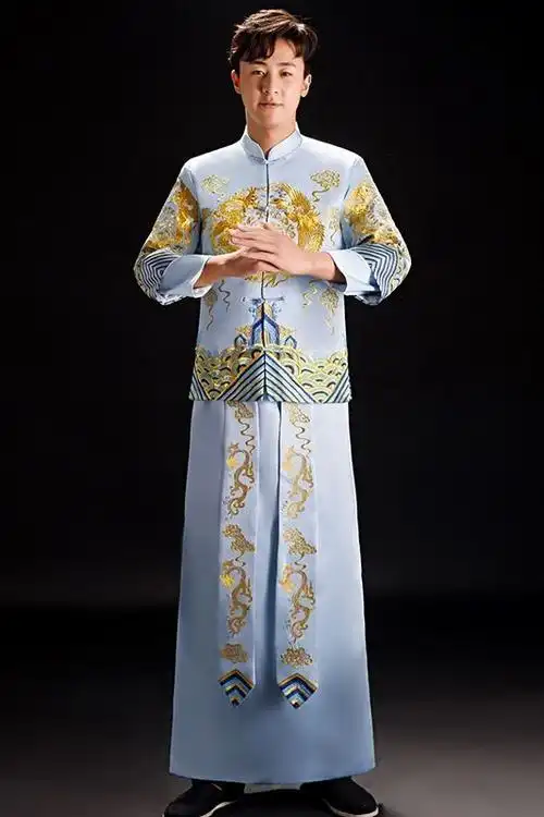 京选潮流秀禾服秀禾服男中式结婚礼服季新郎兰色古装龙凤褂唐装时尚男