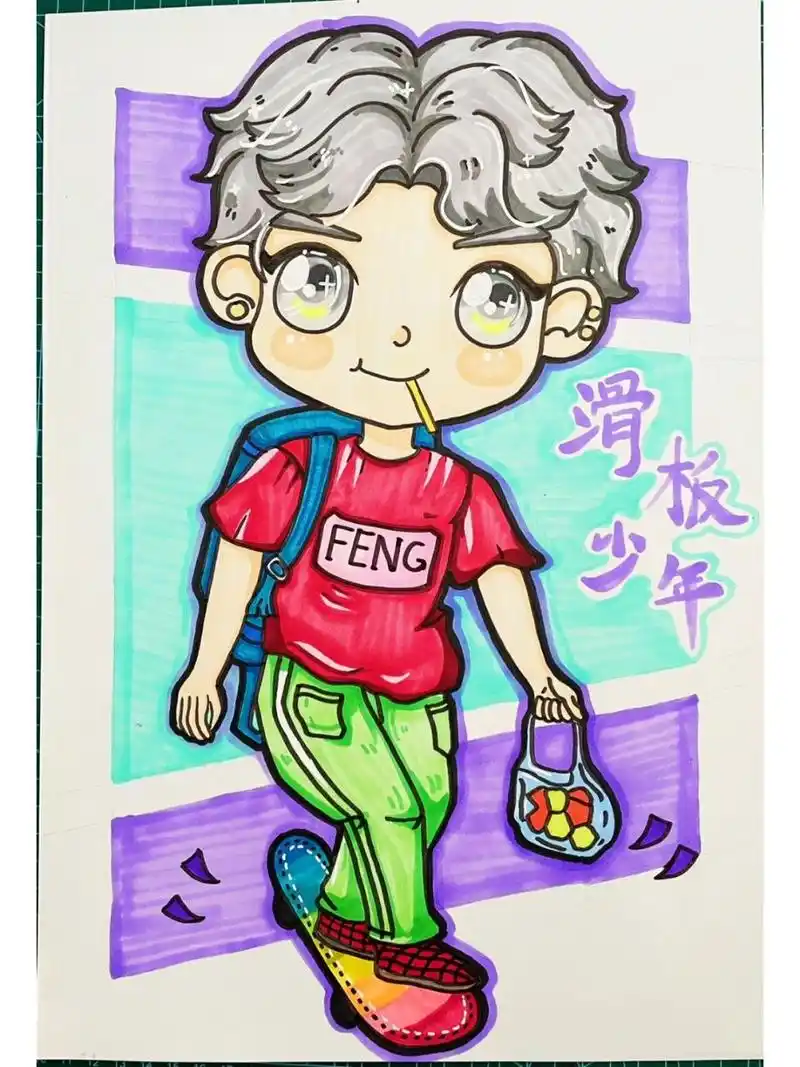 马克笔动漫,滑板少年 动漫男孩,滑板少年,运动,q版动漫 #马克笔简笔画