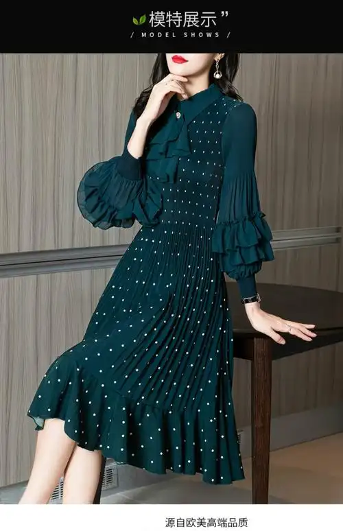 女装波点雪纺裙女2021新款春夏衬衫领荷叶边一粒扣中长款百褶连衣裙