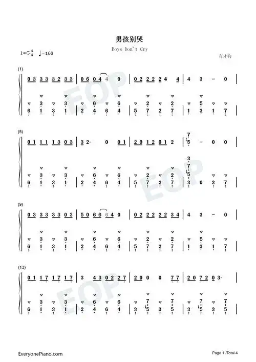 男孩别哭-美丽世界的孤儿-抖音双手简谱预览1