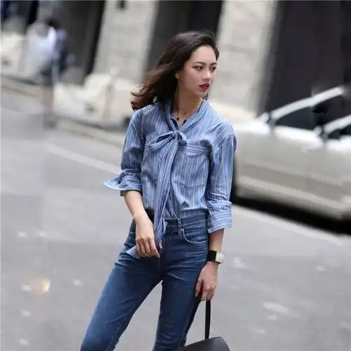 fanniu2017秋装新款蓝色竖条纹飘带领长袖衬衫女宽松显瘦丝棉上衣