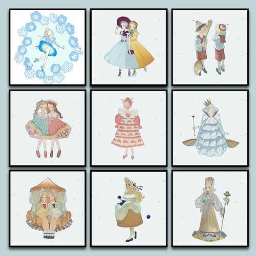 ins小清新双生姐妹插画diy数字油画减压手工涂鸦小尺寸装饰画女孩