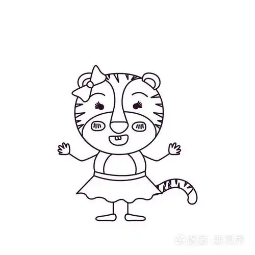 草绘轮廓漫画的女性虎妞穿着裙子蝴蝶结花边与笑容