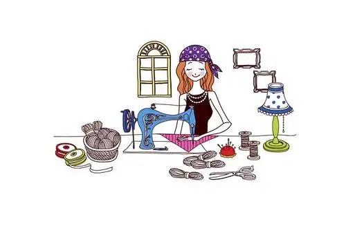 手绘女孩缝纫