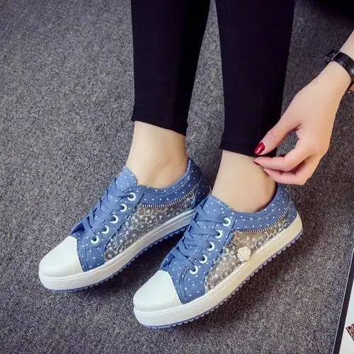 夏季新款镂空透气网鞋女士休闲鞋大中学生板鞋平底低帮帆布鞋女鞋深蓝