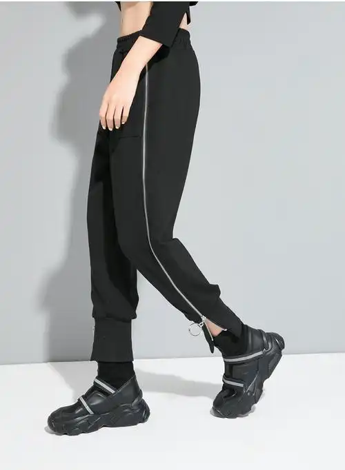 实拍欧美女裤休闲裤暗黑潮侧拉链松紧腰男女生小脚哈伦工装裤