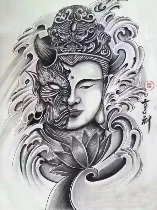 佛魔善恶纹身11款一念成佛一念成魔的半佛像半恶魔纹身手稿